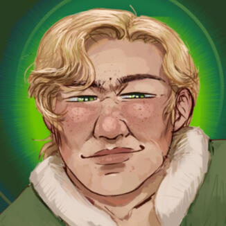 A man with blonde hair and freckles smugly looking at the viewer. The background is dark green with an inner light green gradient.